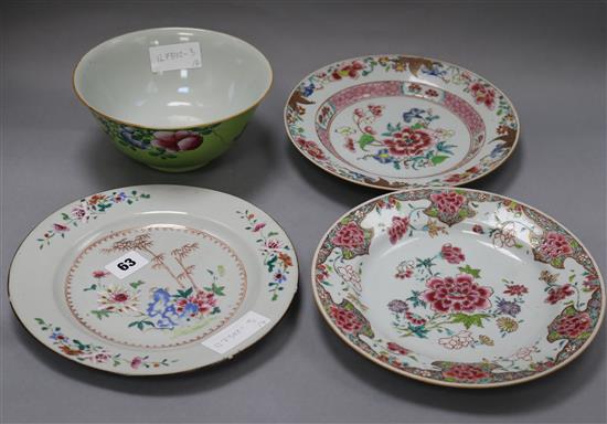 An early 20th century Chinese bowl and three 18th century famille rose plates largest diameter 23cm